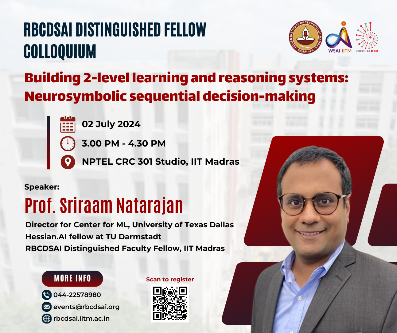 Talk: 'Building 2-level learning and reasoning systems: Neurosymbolic sequential decision-making' by S. Natarajan, UT Dallas and RBCDSAI Distinguished Fellow